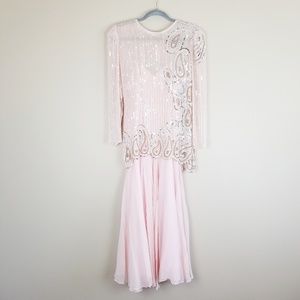 Vintage Beaded Sequin Long Sleeve Pink Dress